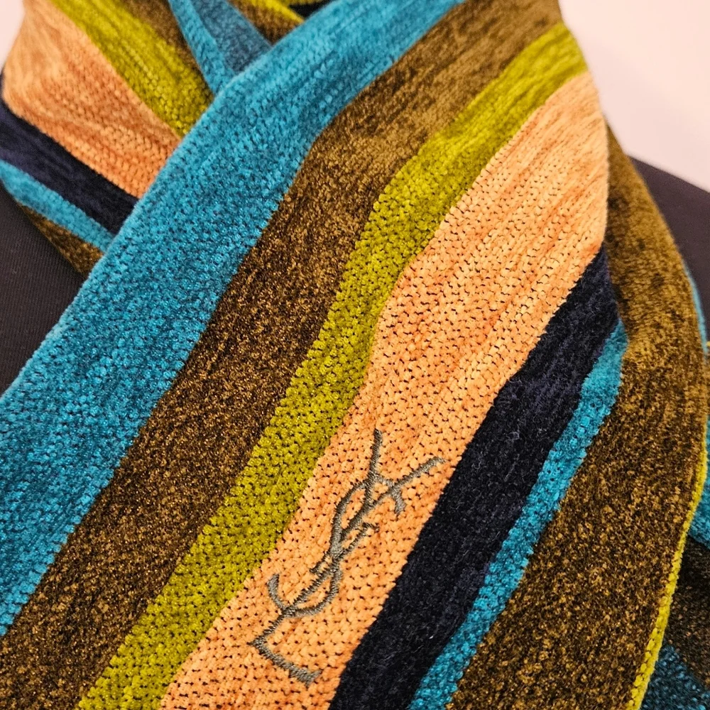 YSL Chenille scarf Striped fringed designer luxury
